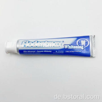 Handelsetikett Fluoridzähne Whitening Zahnpasta